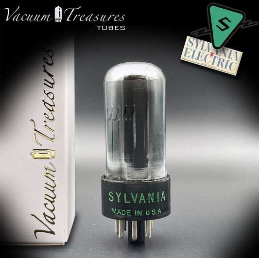 6V6 GT SYLVANIA NOS Schwarzes Glas, CHROMOBERSEITE, geprüfte Röhre, hergestellt in den USA '47