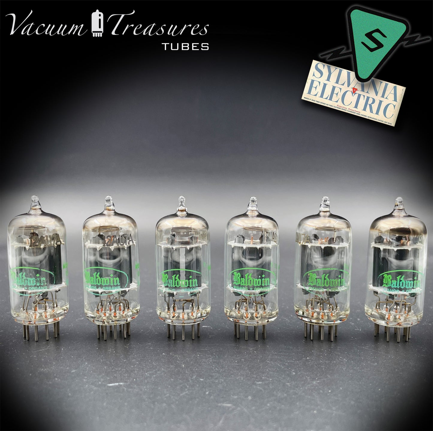 12AU7A ECC82 NOS Sylvania – Long Gray Plates Halo Getter Matched Sextet Tubes USA 1951