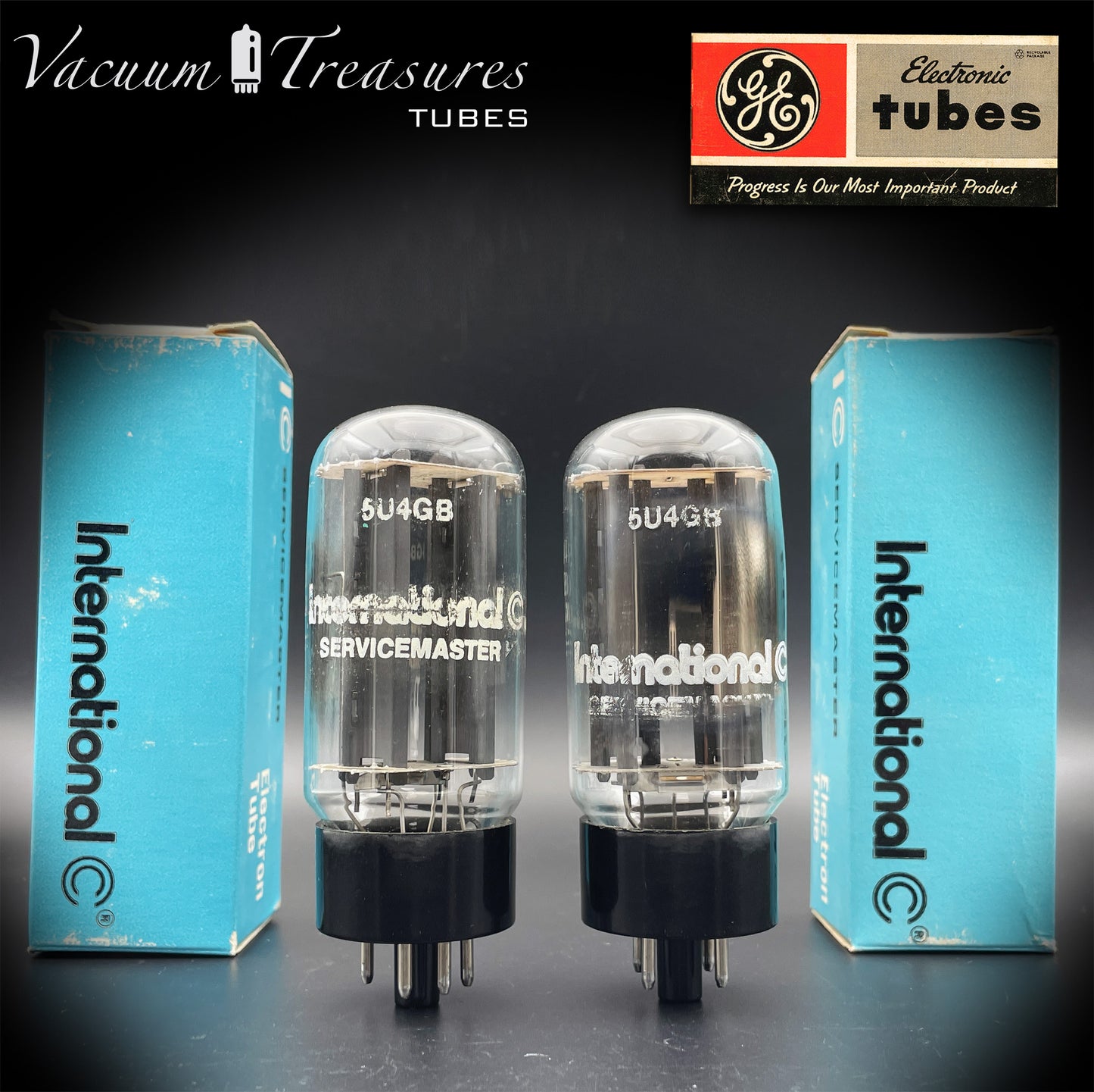 5U4 GB  5AS4A GE/International NOS NIB Gray Plates Side Square Getter Matched Pair Tubes Rectifiers Made in USA