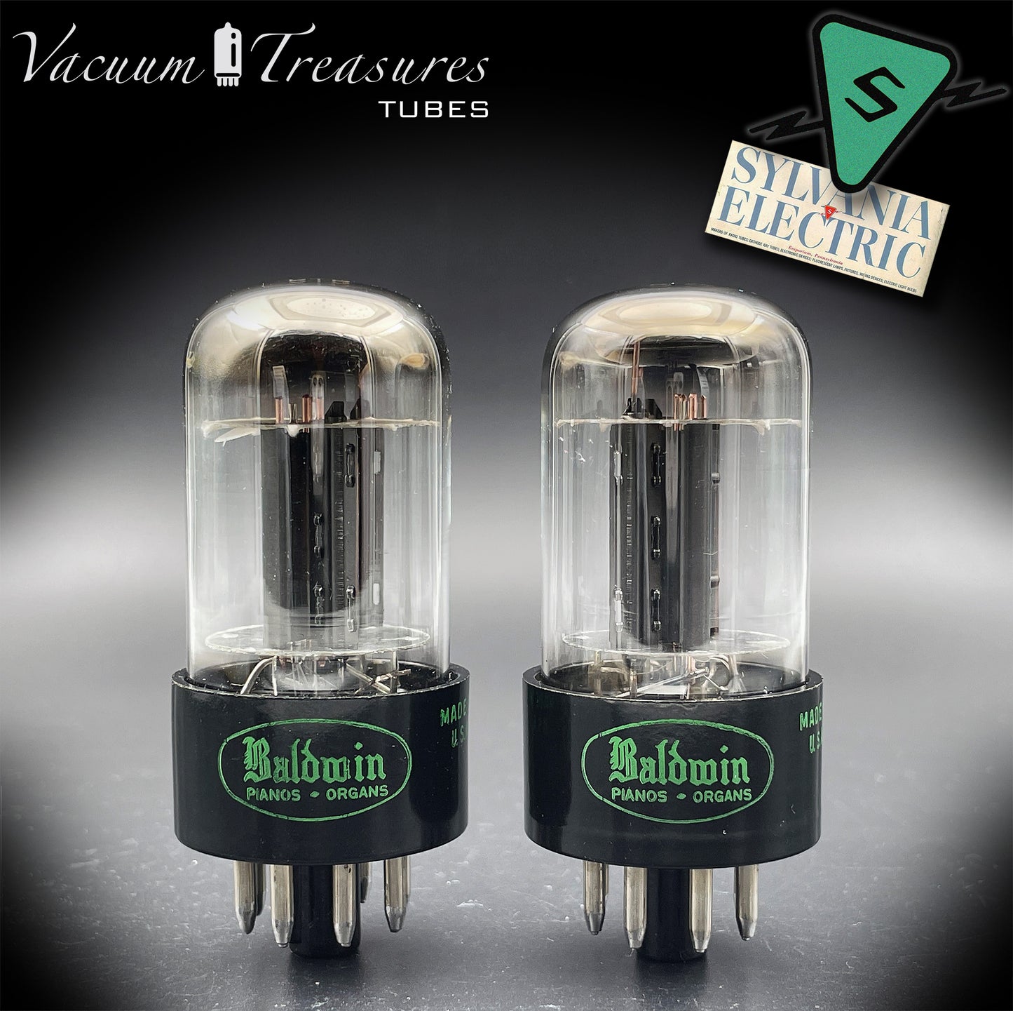 6SN7GTB Baldwin by SYLVANIA Matched Pair Black Plates Tubes - Same Codes - Made in USA '61