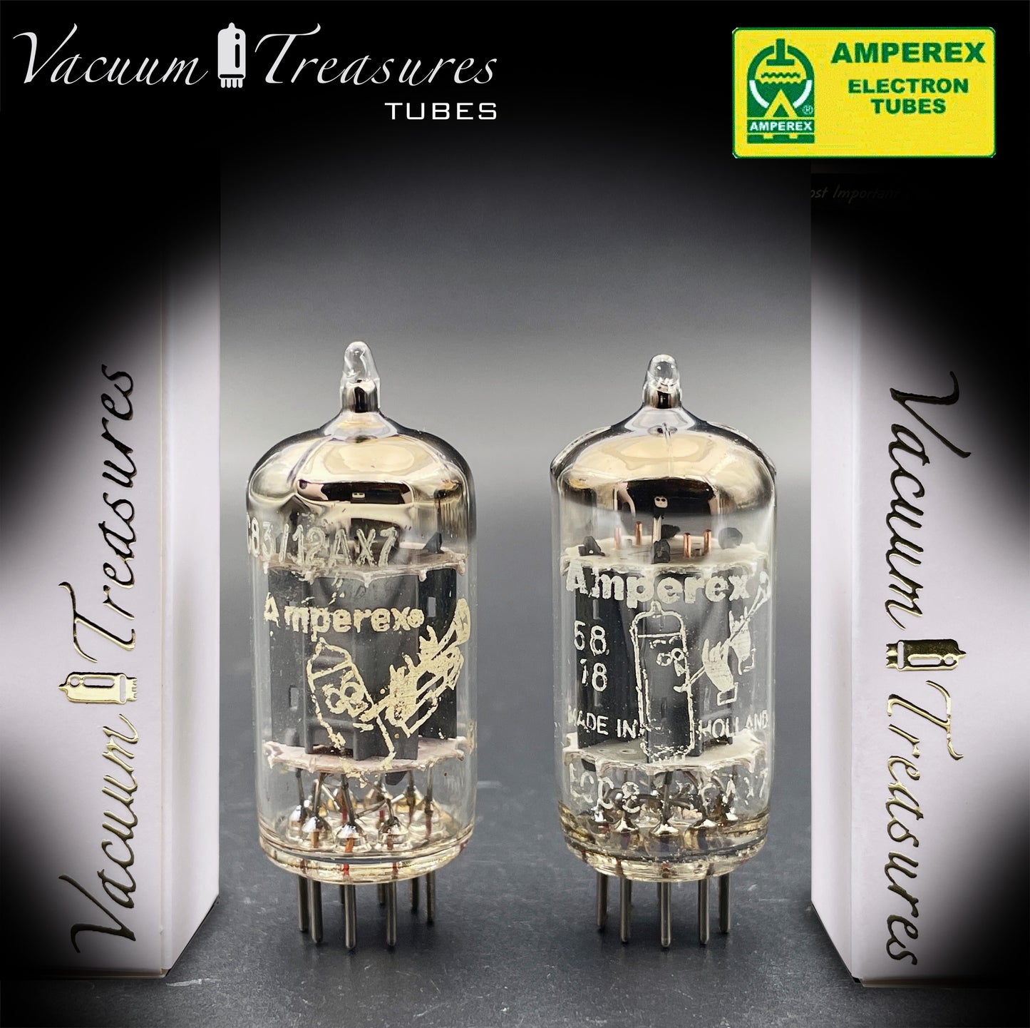 12AX7 / ECC83 NOS Amperex Bugle Boy Matched Pair AMPLITREX Tested Long Plates Foil Getter '50s