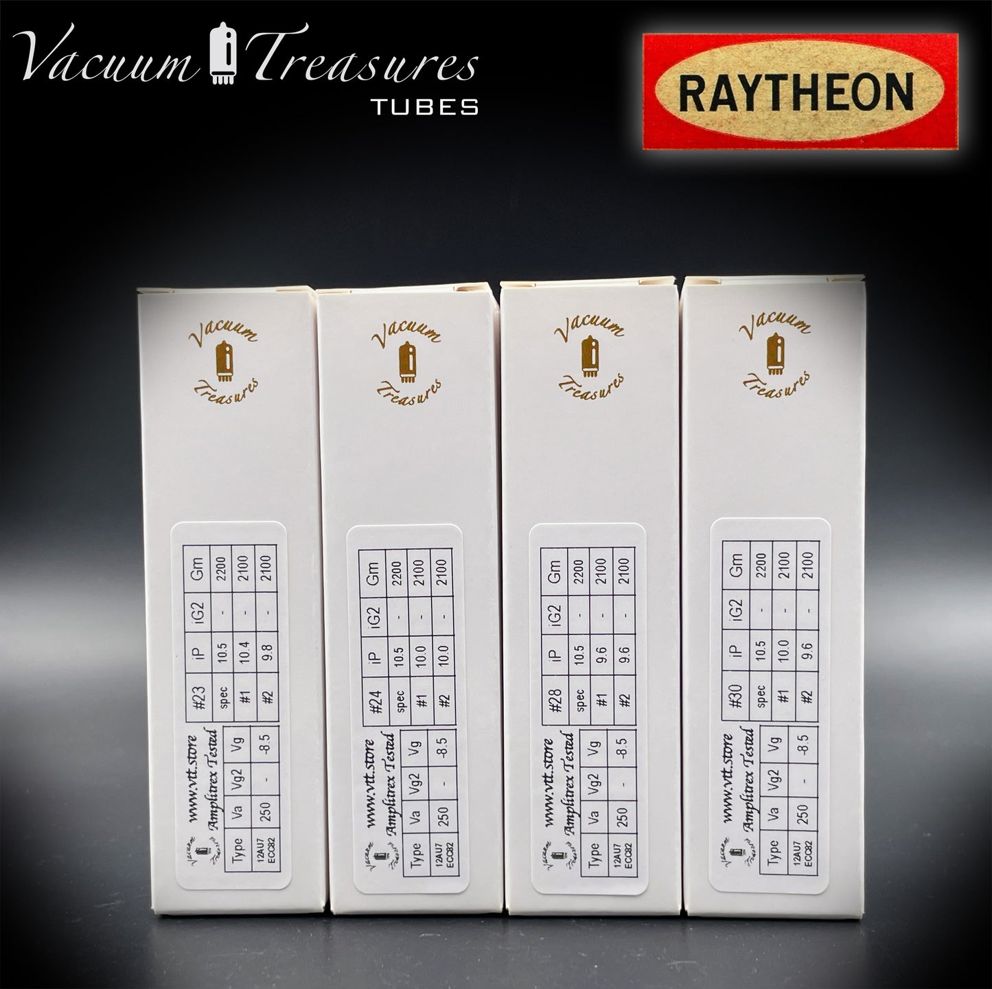 12AU7A / ECC82 NOS Baldwin by RAYTHEON Matched Quad Tubes Long Black Plates Halo Getter Made in USA '61
