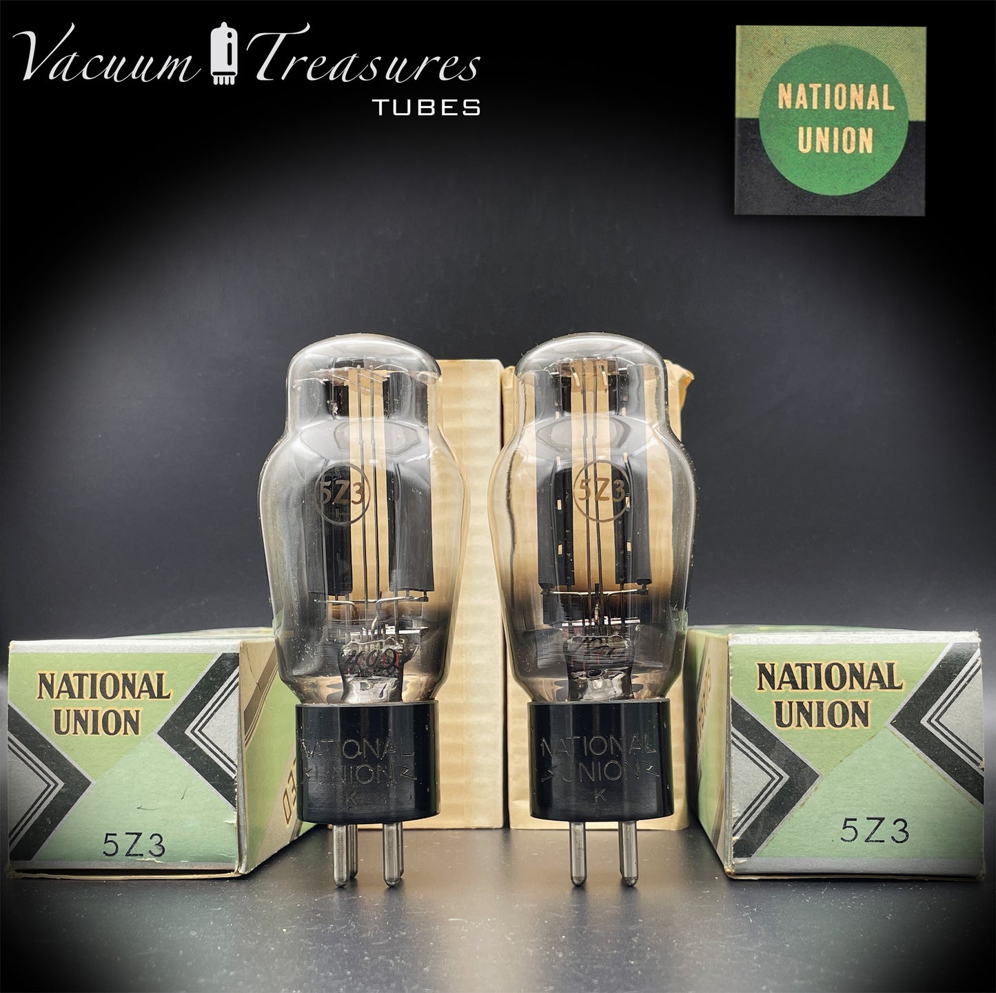 5Z3 VT-145 NATIONAL UNION NOS NIB Matched Pair Hanging Filaments Black Plates Foil Getter USA