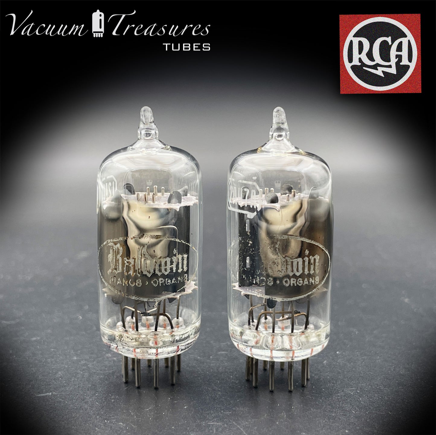 12AU7 / ECC82 Baldwin by RCA AMPLITREX Matched Pair Clear Top Long Gray Plates Side D Getter Tubes