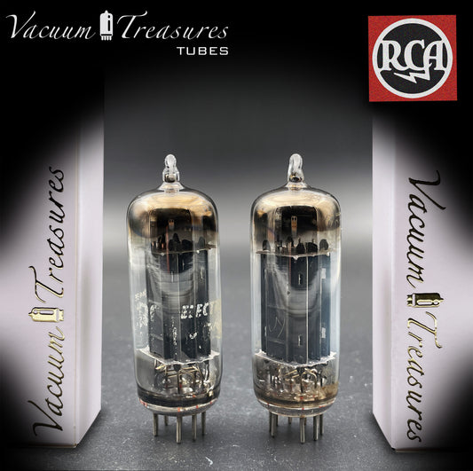 6CG7 ( 6FQ7 ) RCA NOS Triple plaques noires Horse Shoe Getter Paire de tubes assortis fabriqués aux États-Unis
