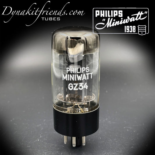 GZ34 ( 5AR4 ) PHILIPS Miniwatt f33 Rectificador de tubo getter doble D Fabricado en Bélgica