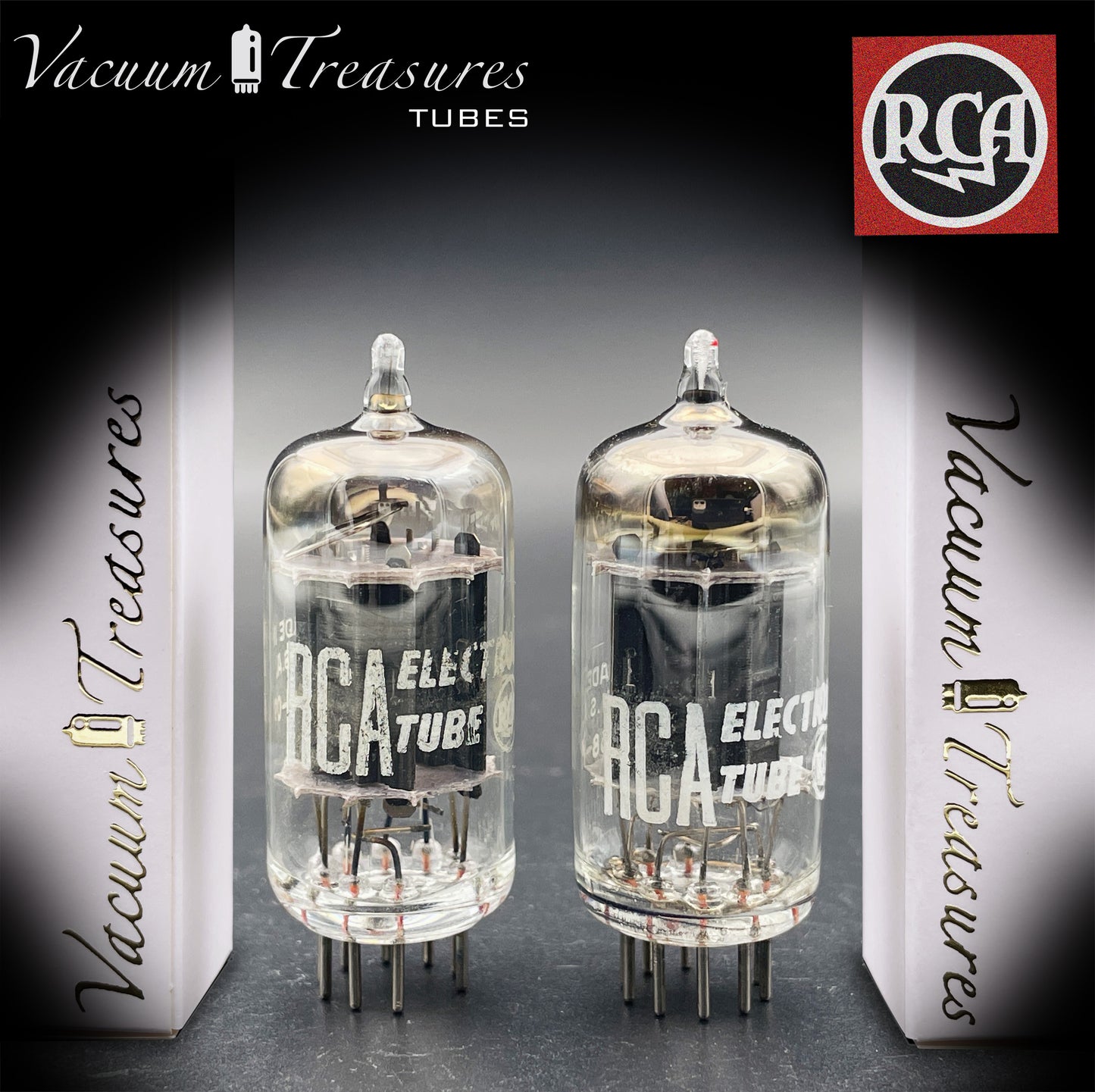 12AX7 / ECC83 RCA Matched Pair Long Black Plates Square Tilt getter Made in USA '58