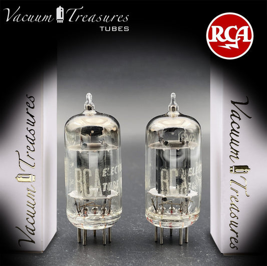 5963 ( 12AU7 ) RCA Matched Pair Long Black Plates Foil Getter AMPLITREX Tested