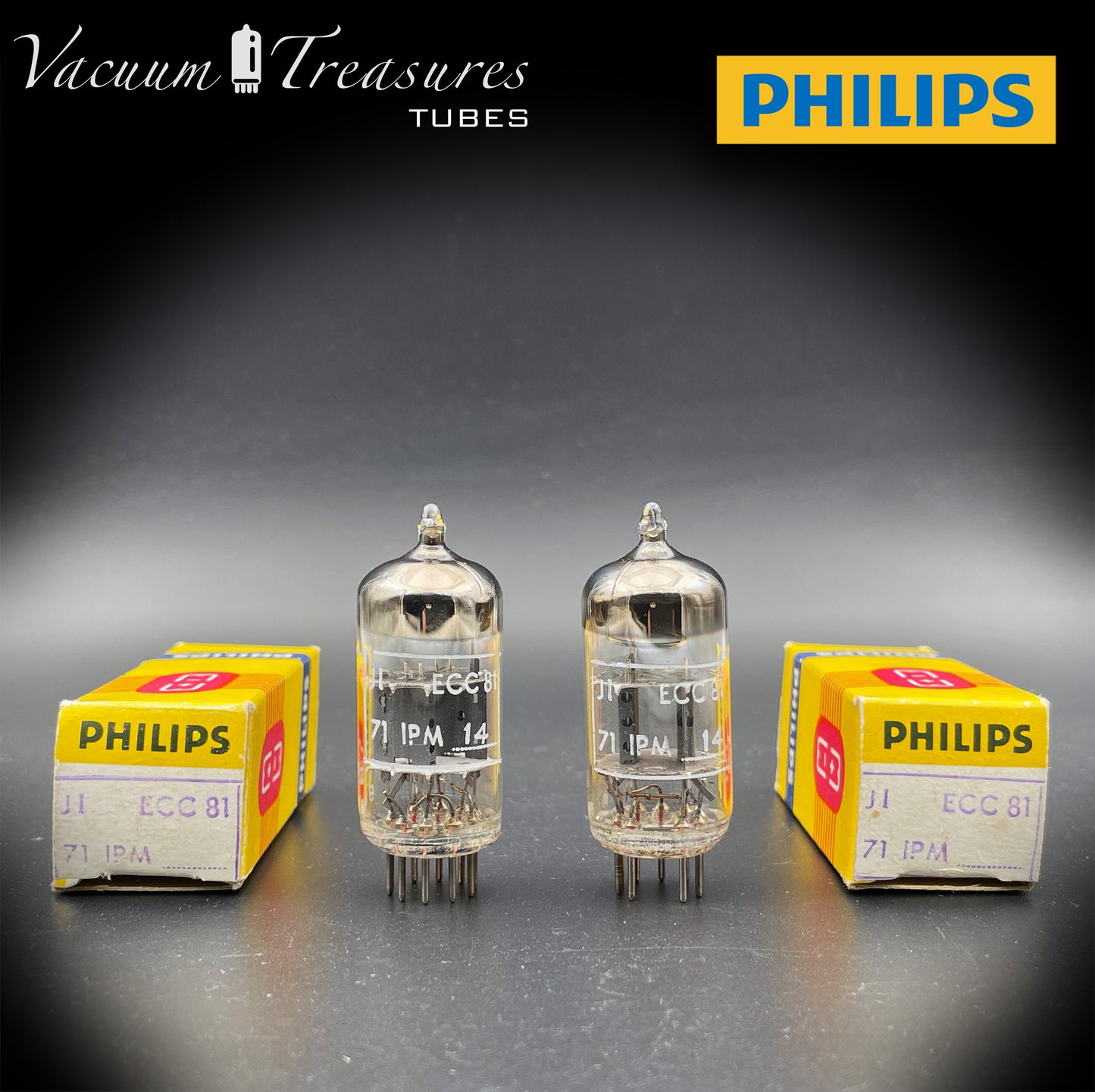 12AT7 ( ECC81 ) NOS NIB PHILIPS by Mullard, Blackburn Plant, Wing Gray Plates Halo Getter Matched Pair Tubes MADE IN GT. BRITAIN