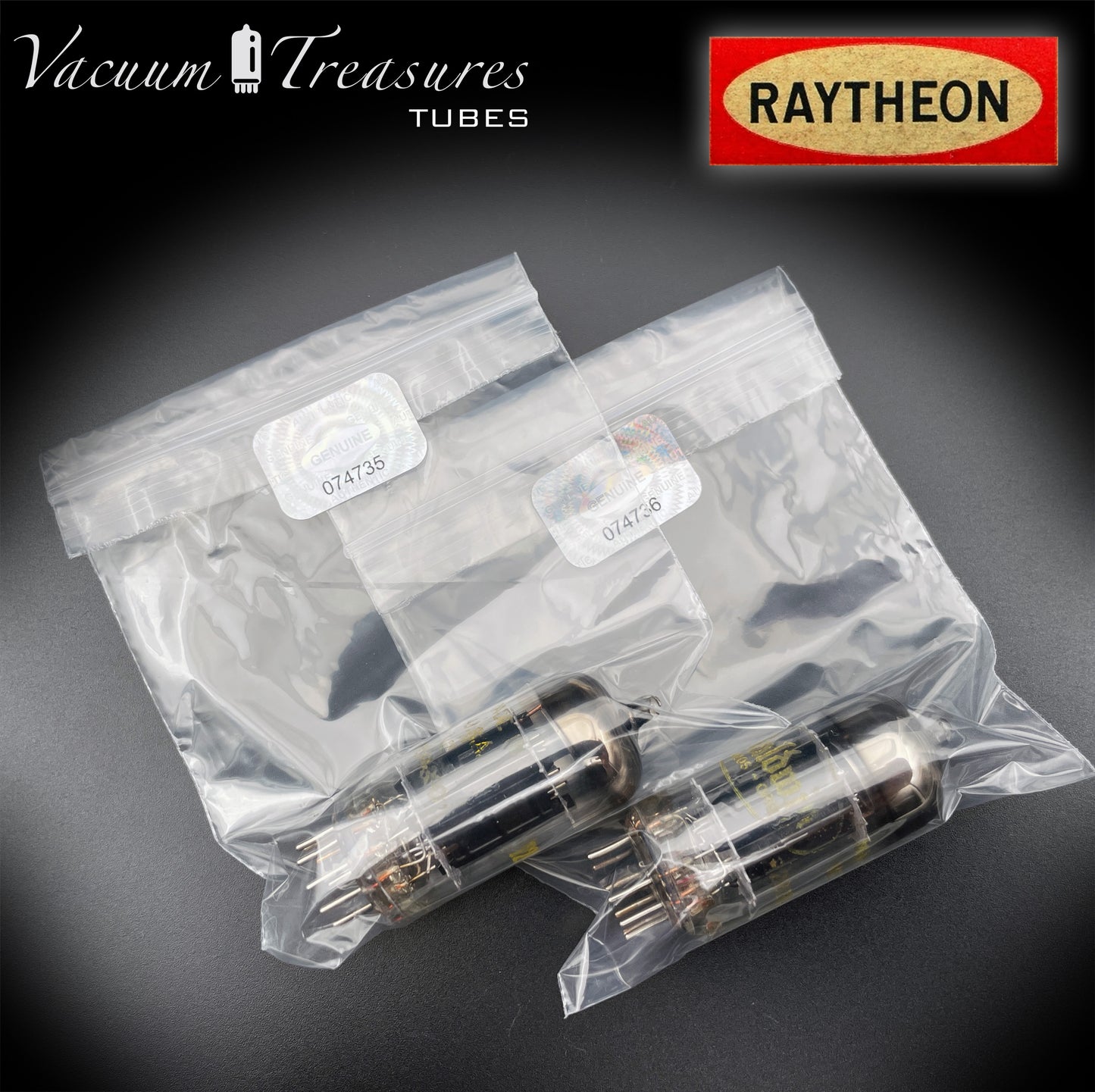 12AU7 ( ECC82 ) NOS RAYTHEON for Baldwin Long Black Plates Halo Getter Matched Tubes Made in USA '59