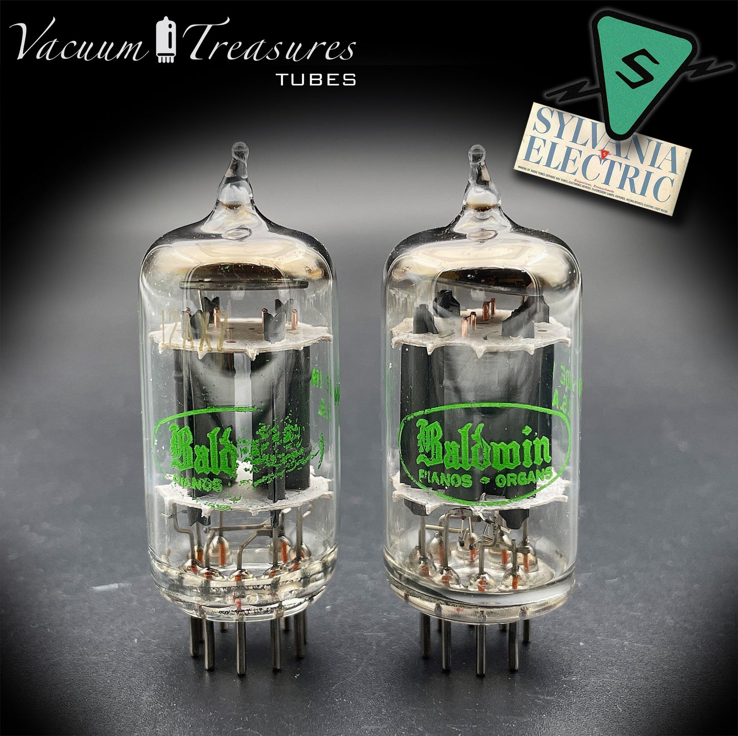 12AX7 ECC83 Baldwin by SYLVANIA – Matched Pair – Long Gray Plates Halo Getter USA 1959