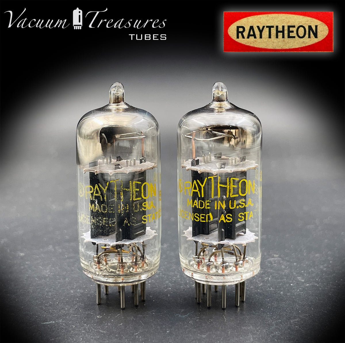 12AU7 / ECC82 RAYTHEON Matched Pair Long Black Plate Square Getter Tested Tubes USA '57