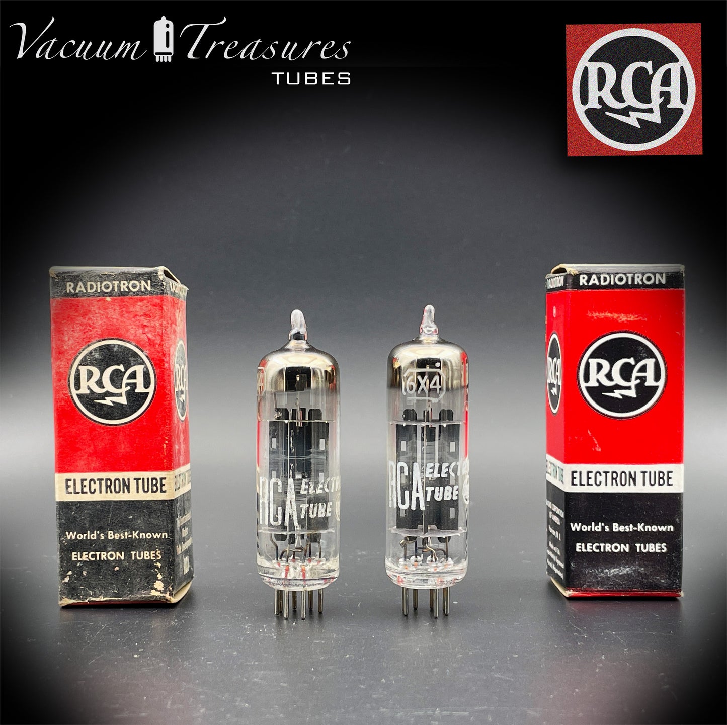 6X4 ( EZ90 ) NOS NIB RCA Black Plates Foil Getter Matched Pair Tubes Rectifiers Made in USA '50s