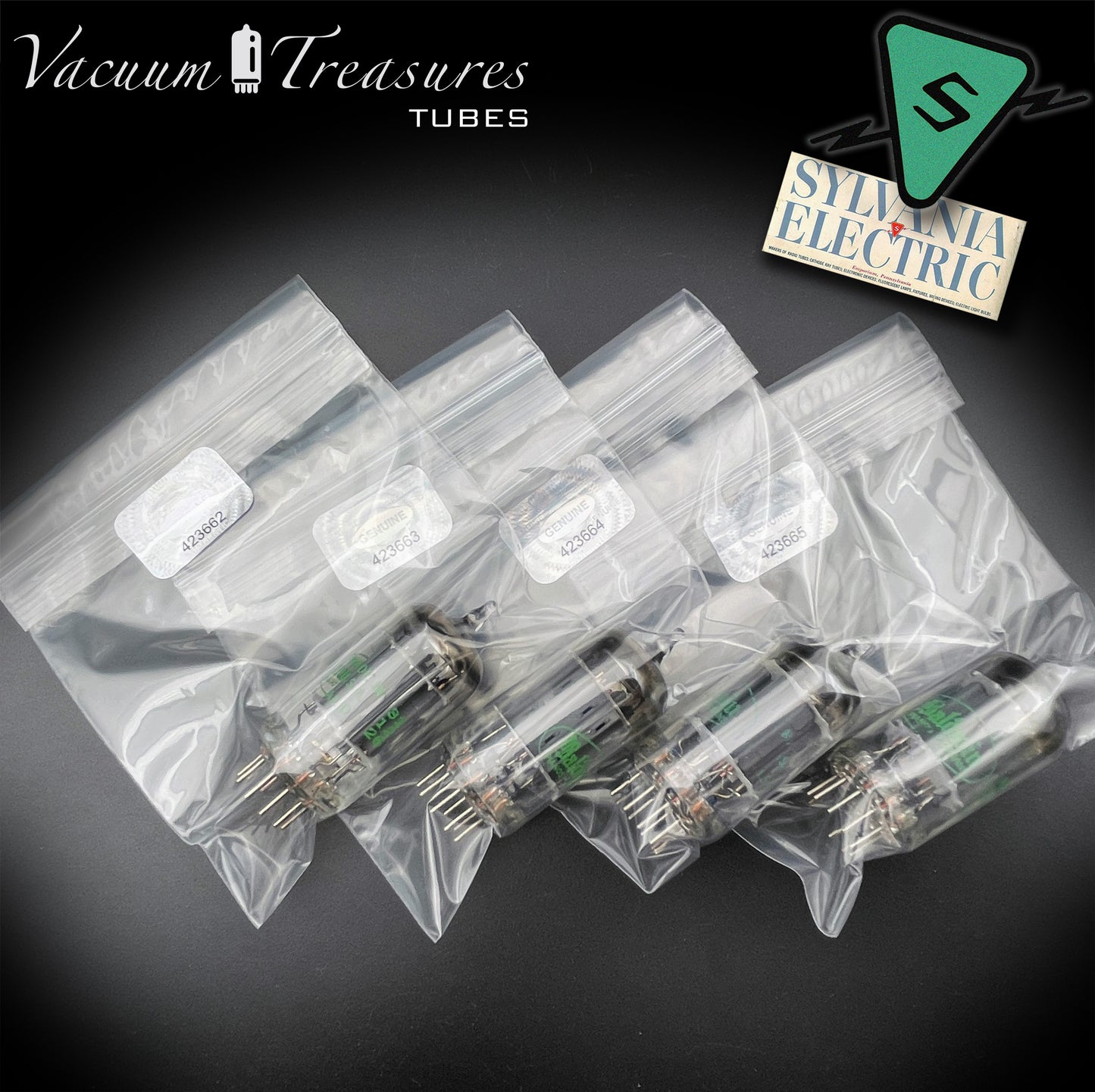 12AX7 ECC83 NOS Baldwin by Sylvania – Low Noise Matched Quad – Long Gray Plates Halo Getter USA 1951