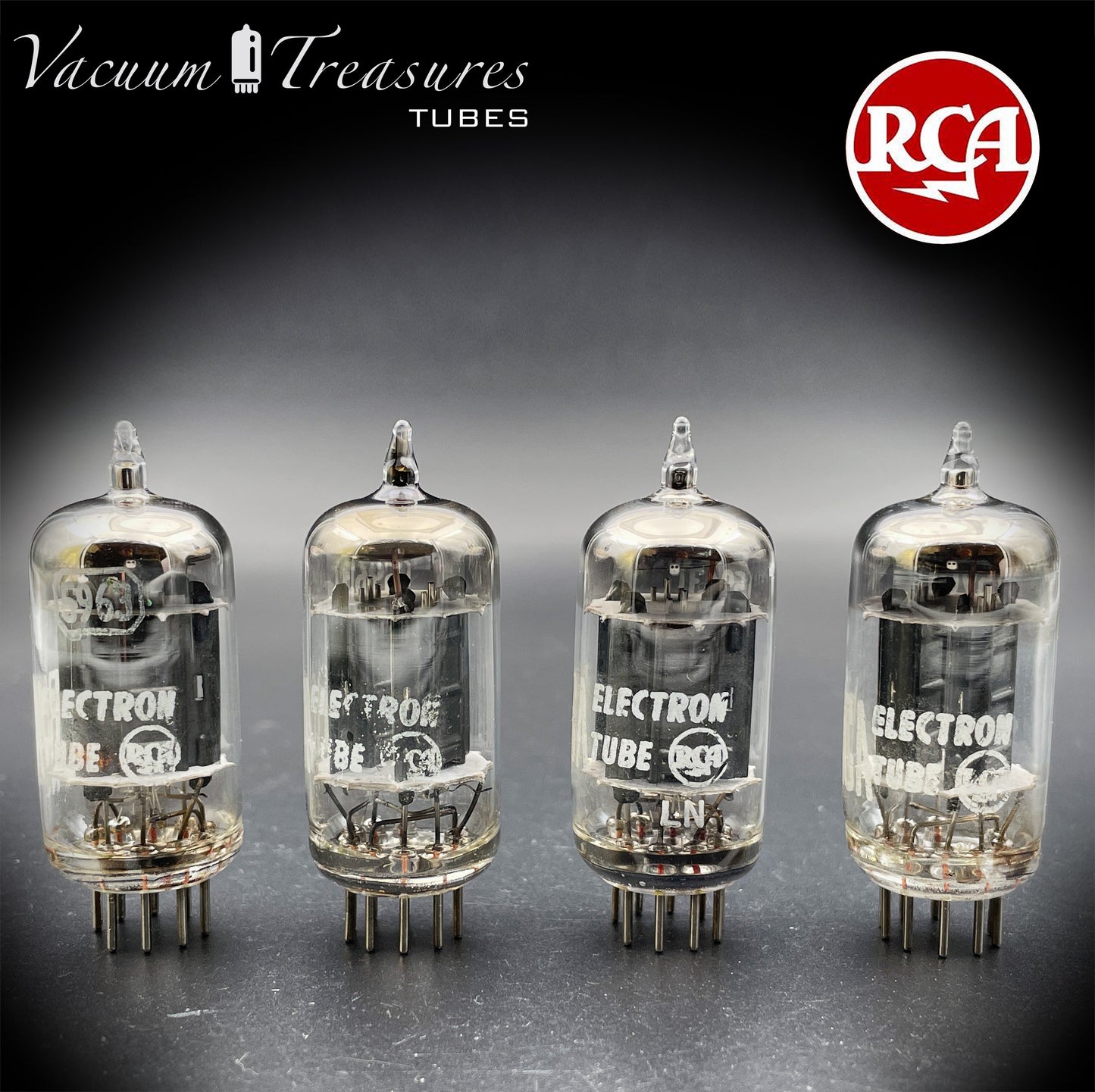 5963 ( 12AU7 ) RCA Matched Quad Long Black Plates Foil Getter AMPLITREX Tested