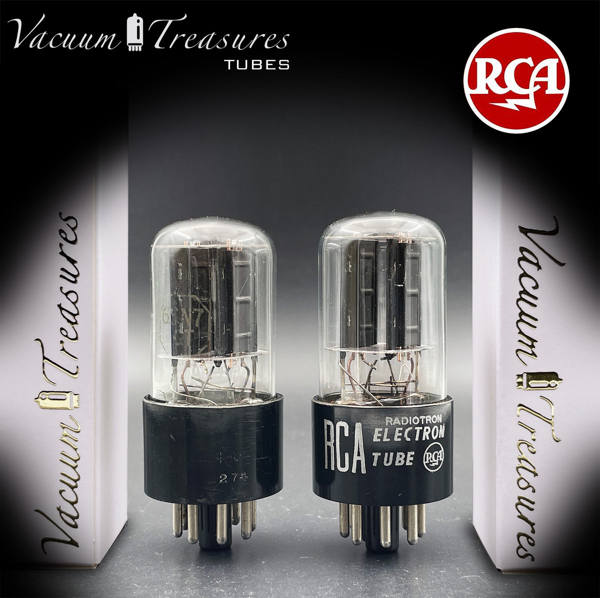 6SN7GT RCA Radiotron Matched Pair Silver Logo Black Plates D Getter AMPLITREX Tested Low Noise & Mic Tubes