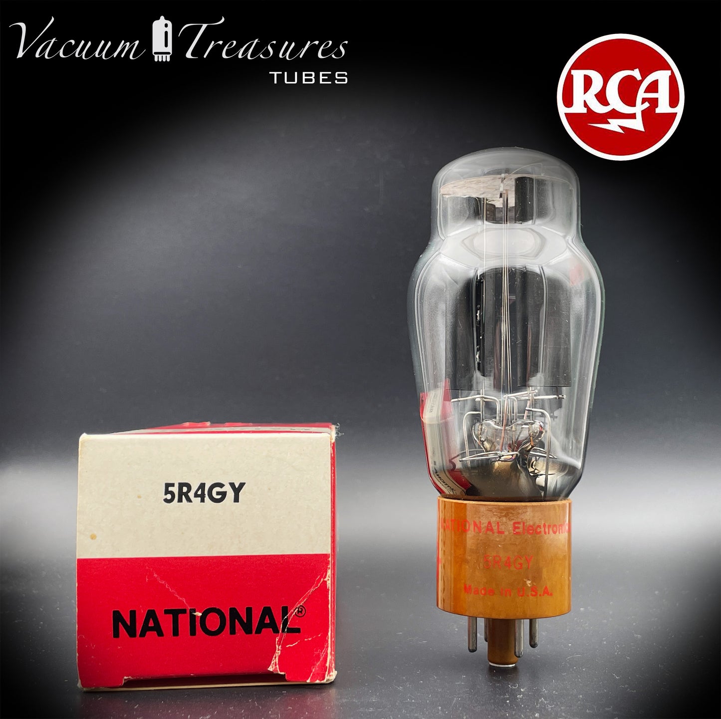 5R4GY INTERNATIONAL (RCA) – Black Plates Brown Base – Hanging Filaments – NOS NIB – Made in USA '50s