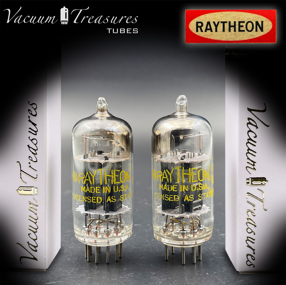 12AU7 / ECC82 RAYTHEON Matched Pair Long Black Plate Square Getter Tested Tubes USA '57