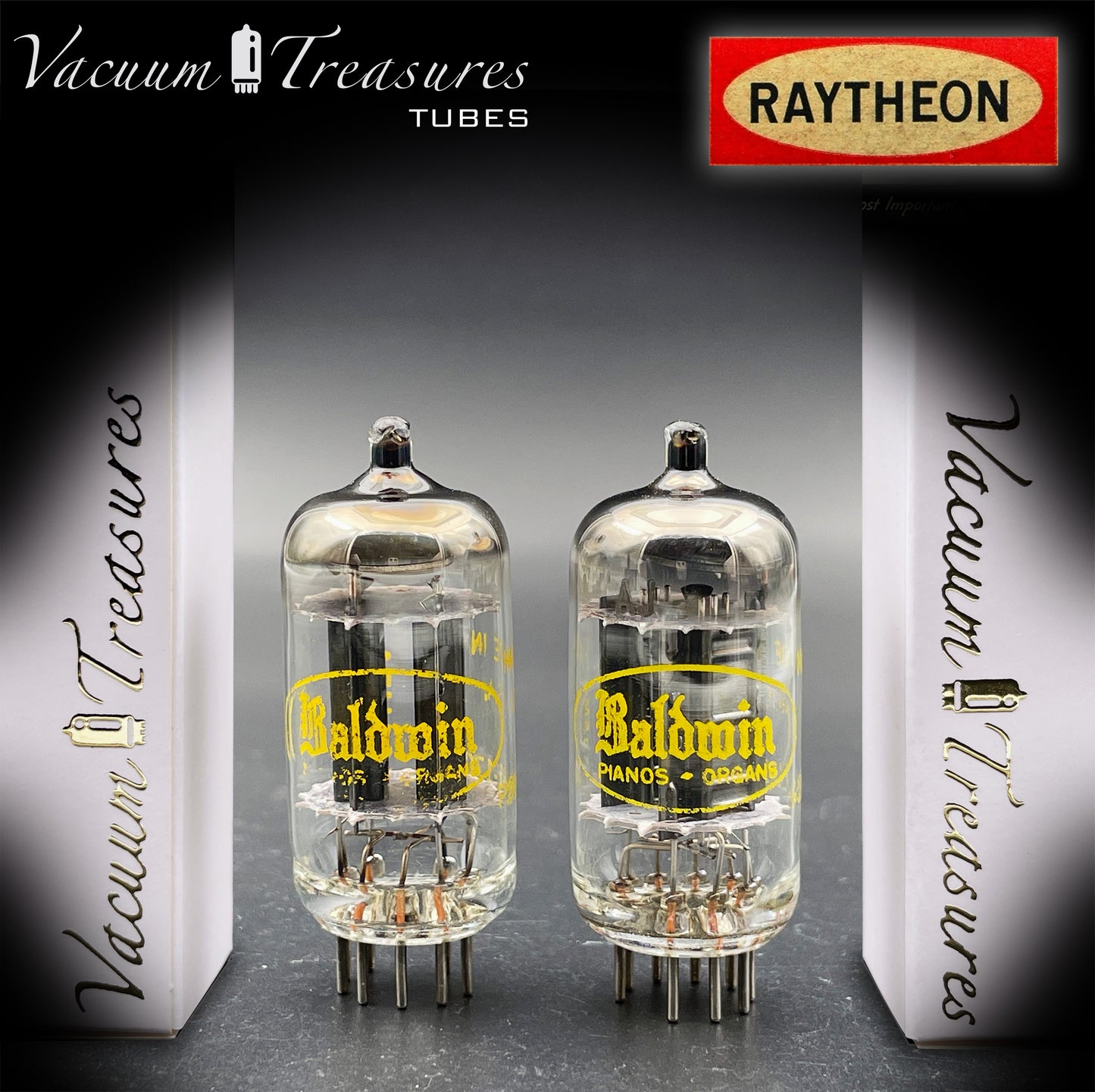 12AU7A / ECC82 NOS Baldwin by RAYTHEON Matched Pair Tubes Long Black Plates Halo Getter Made in USA '61