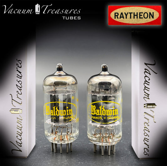 12AU7A / ECC82 NOS Baldwin by RAYTHEON Matched Pair Tubes Long Black Plates Halo Getter Made in USA '61