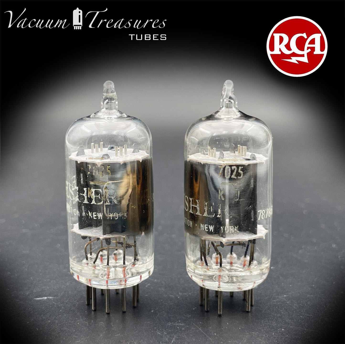 7025 12AX7 RCA Clear Top Matched Pair Long Gray Plates Side D Getter Tubes Made in USA '60s