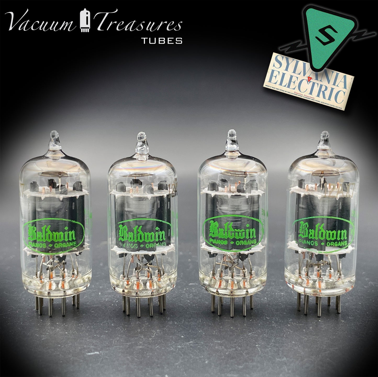 12AX7 / ECC83 NOS Baldwin by SYLVANIA Matched Quad Long Gray Plates Halo Getter USA '61