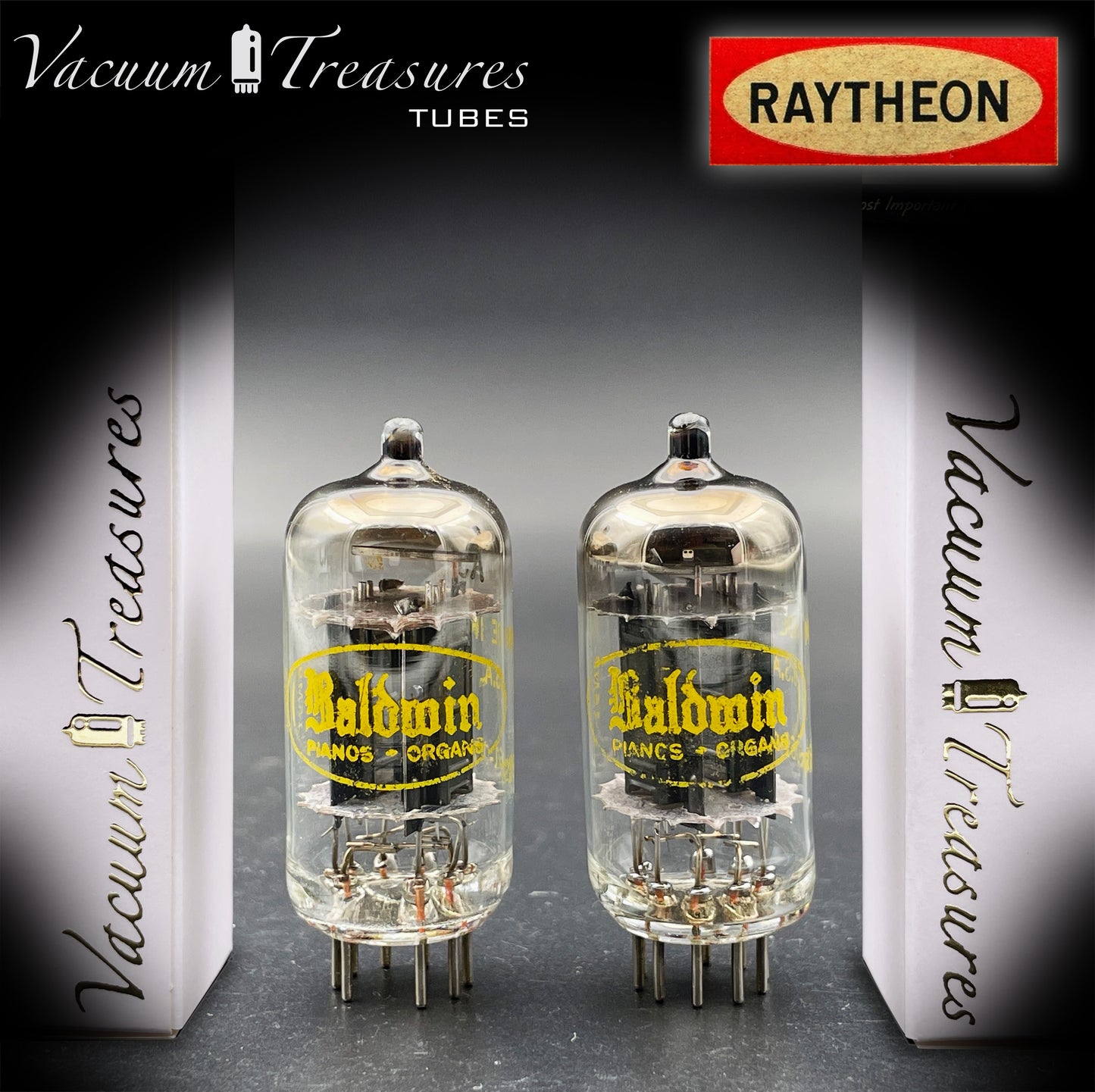 12AU7A / ECC82 NOS Baldwin by RAYTHEON Matched Pair Tubes Long Black Plates Halo Getter Made in USA '61