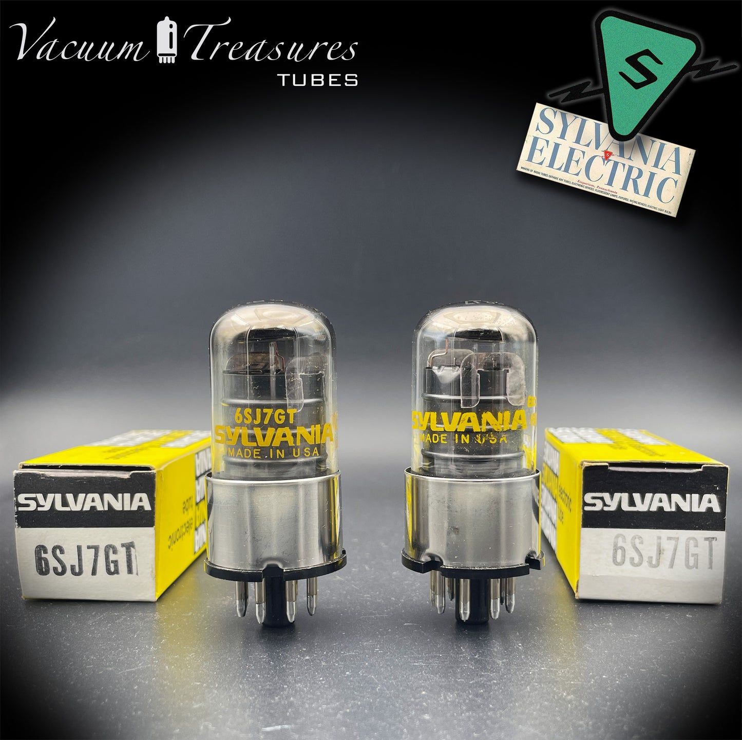 6SJ7GT SYLVANIA Matched Pair Metal Base Black Plates Halo Getter Made in USA '60s