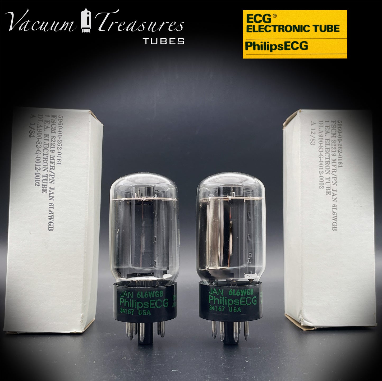JAN 6L6WGB PHILIPS ECG Matched Pair Gray Plates Side Halo Getter AMPLITREX Tested – NOS NIB