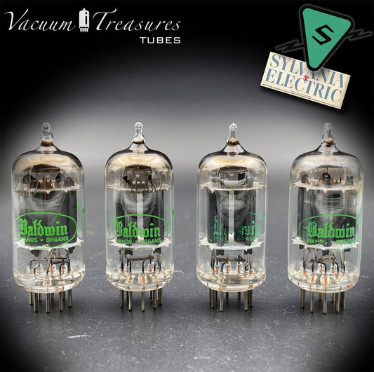 12AX7 ECC83 NOS Baldwin by Sylvania – Low Noise Matched Quad – Long Gray Plates Halo Getter USA 1951