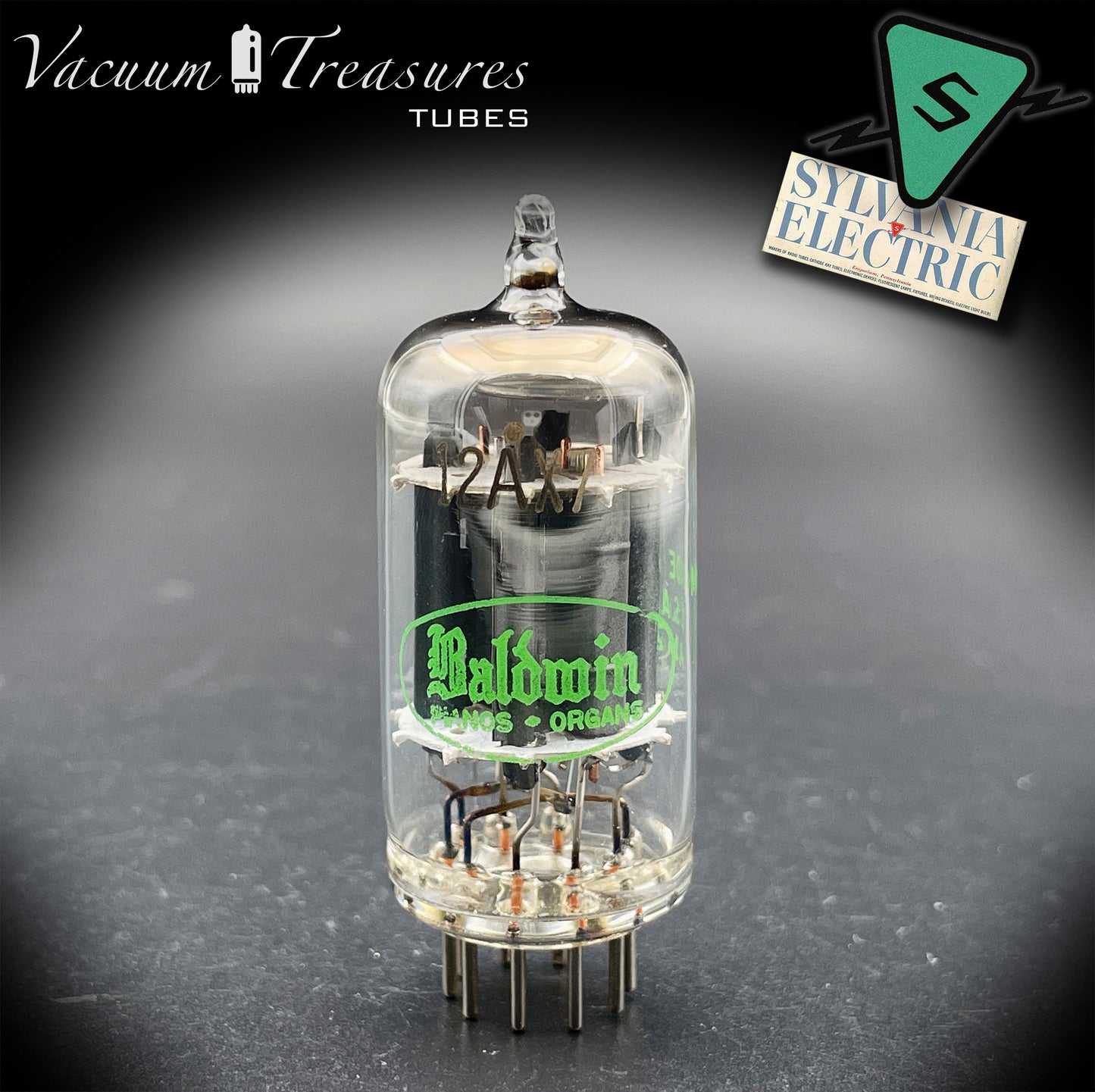 12AX7 / ECC83 NOS Baldwin by SYLVANIA Long Gray Plates Halo Getter Tested Tube Made in USA '61