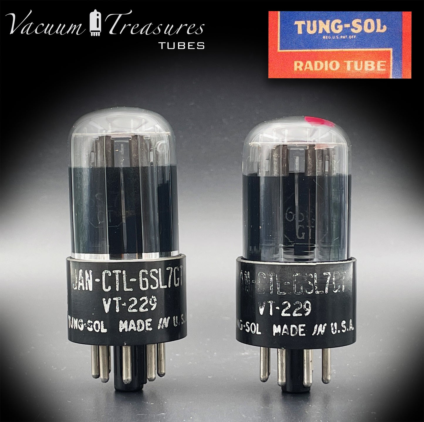 6SL7 GT ( VT-229 ) TUNG-SOL JAN CTL Black Glass Black Round Plates Matched Tubes Made in USA '50s