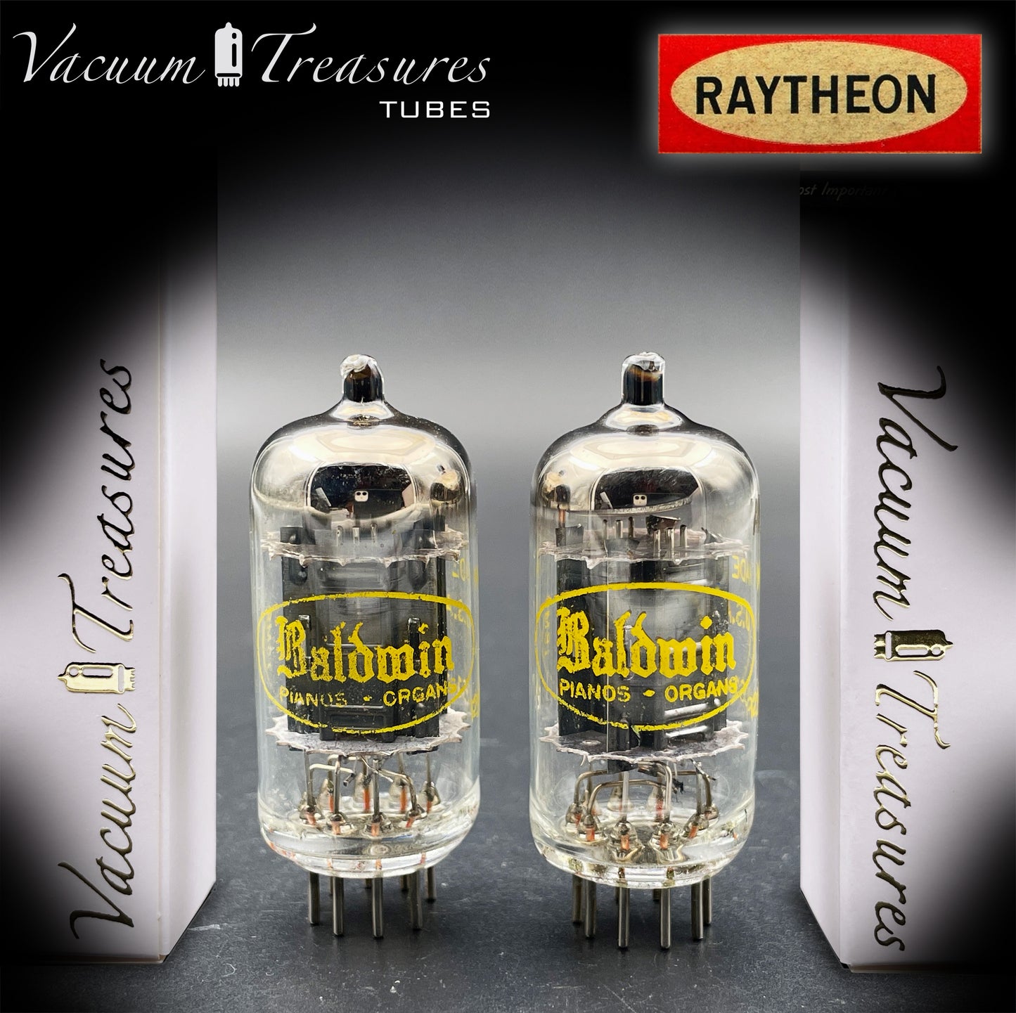 12AU7A / ECC82 NOS Baldwin by RAYTHEON Matched Pair Tubes Long Black Plates Halo Getter Made in USA '61