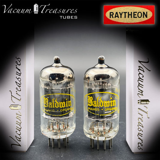 12AU7A / ECC82 NOS Baldwin by RAYTHEON Matched Pair Tubes Long Black Plates Halo Getter Made in USA '61