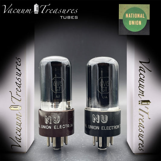 6V6GT NOS National Union Matched Pair Smoked Glass Black Plates Foil Getter Made in USA '50s