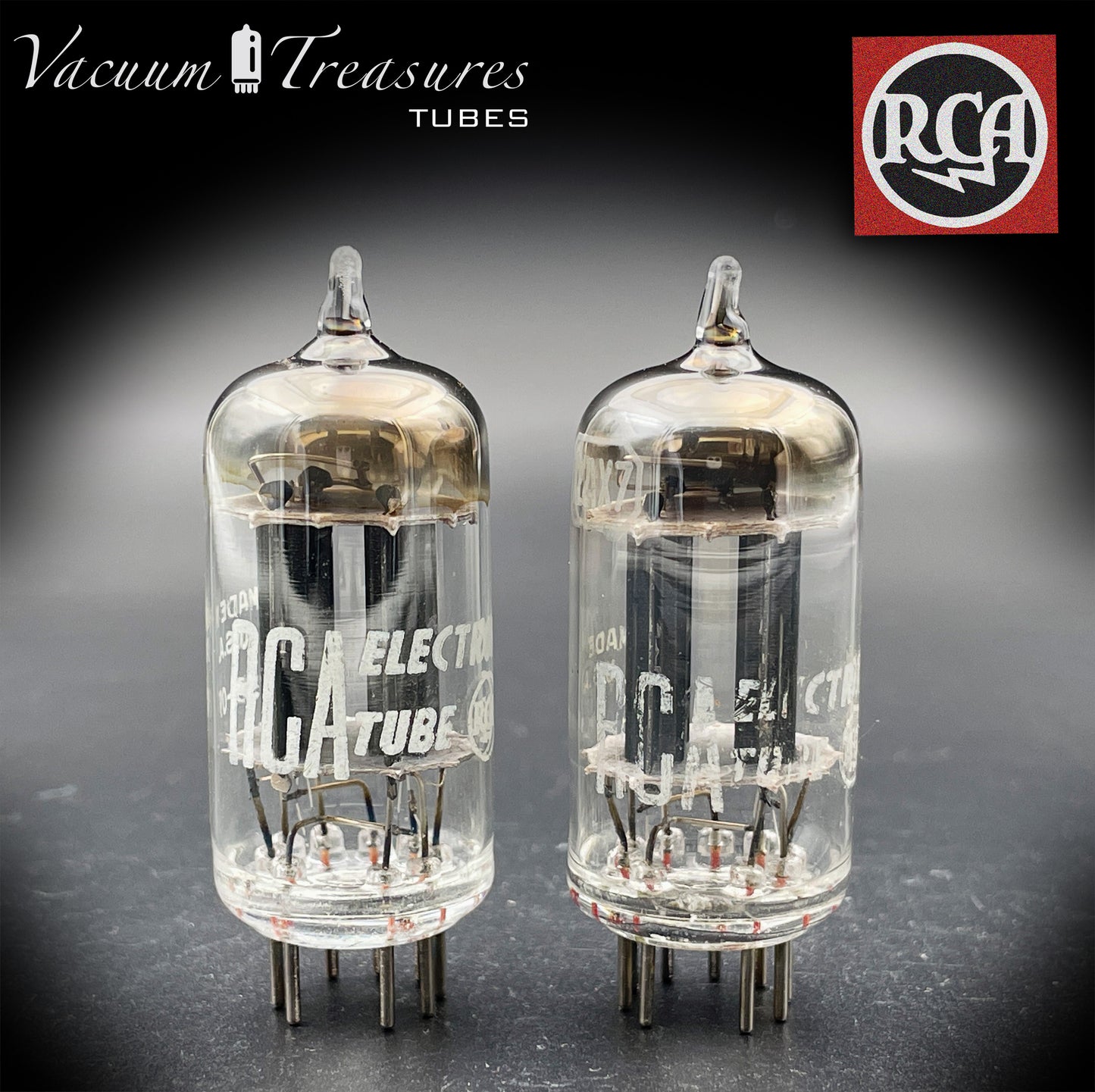 12AX7 / ECC83 RCA Matched Pair Long Black Plates Square Tilt getter Made in USA '58