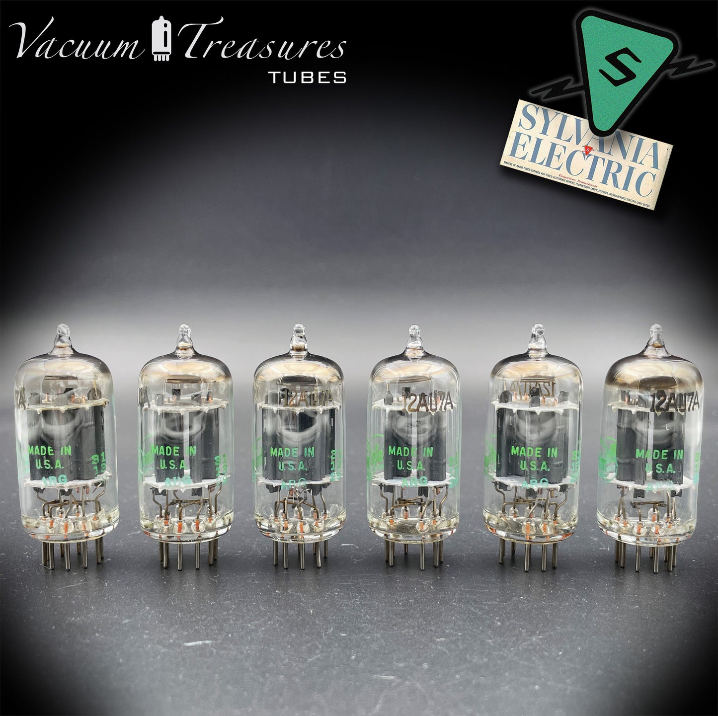12AU7A ECC82 NOS Sylvania – Long Gray Plates Halo Getter Matched Sextet Tubes USA 1951