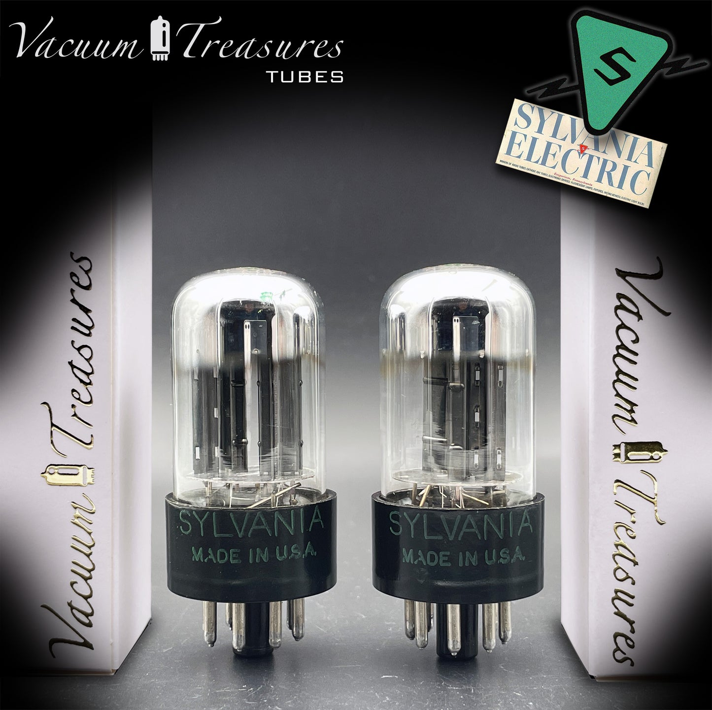 6SN7GTB NOS SYLVANIA CHROME TOP Green Dot Matched Pair Black Plates Tubes USA '50s