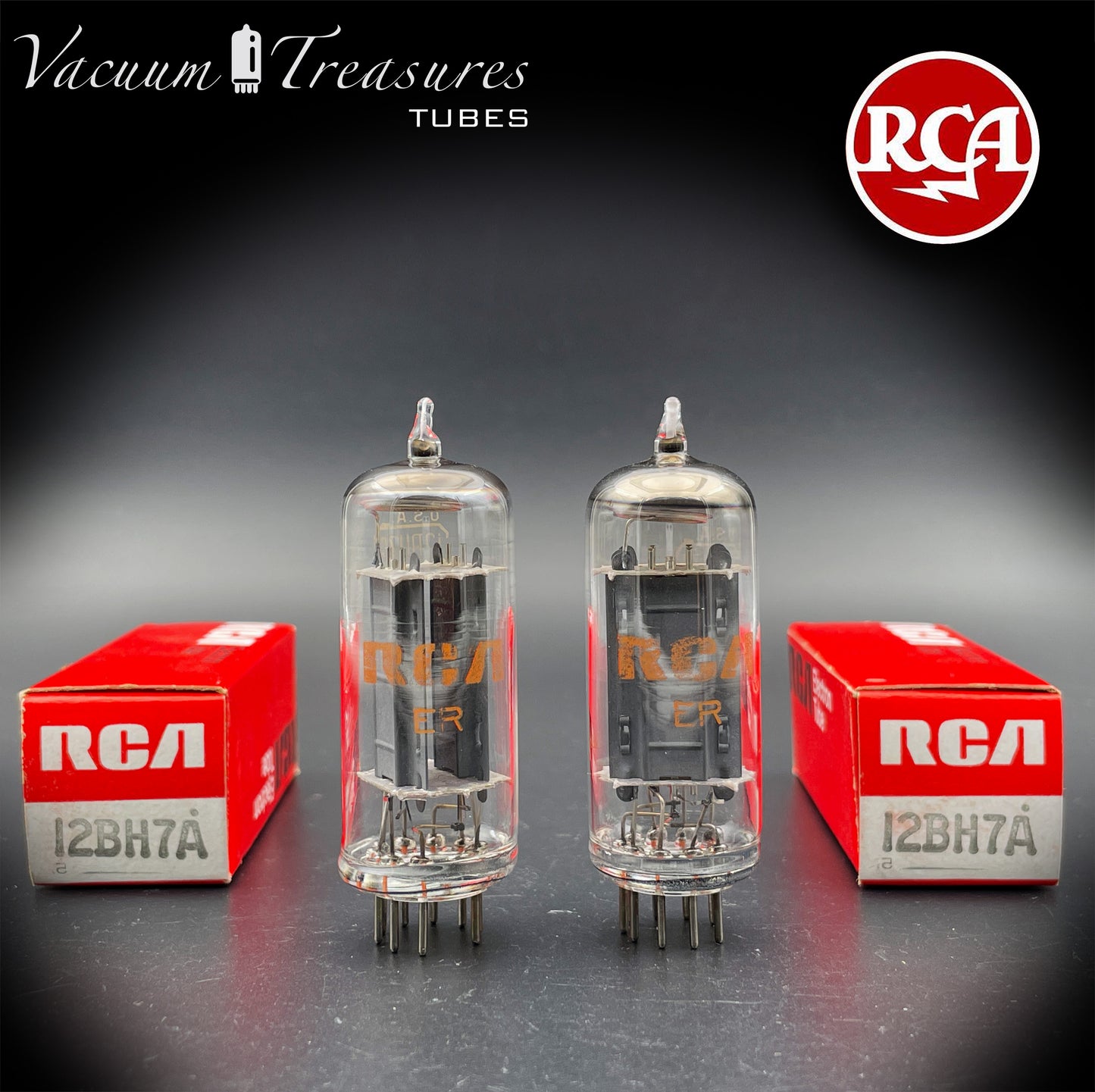 12BH7A 7032 NOS NIB RCA Matched Pair - Same Codes - Gray Plates Halo Getter Tubes USA '74