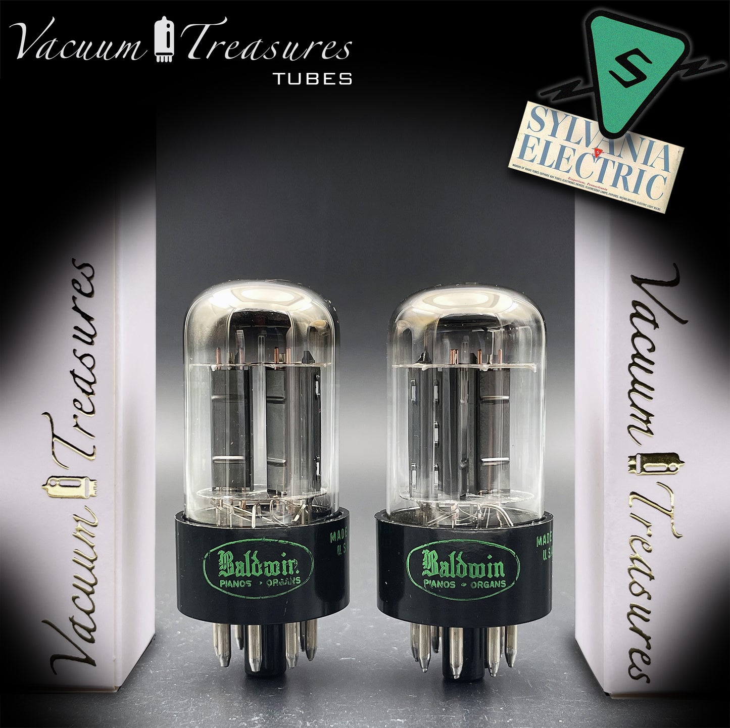 6SN7GTB Baldwin by SYLVANIA Matched Pair Black Plates Tubes - Same Codes - Made in USA '61