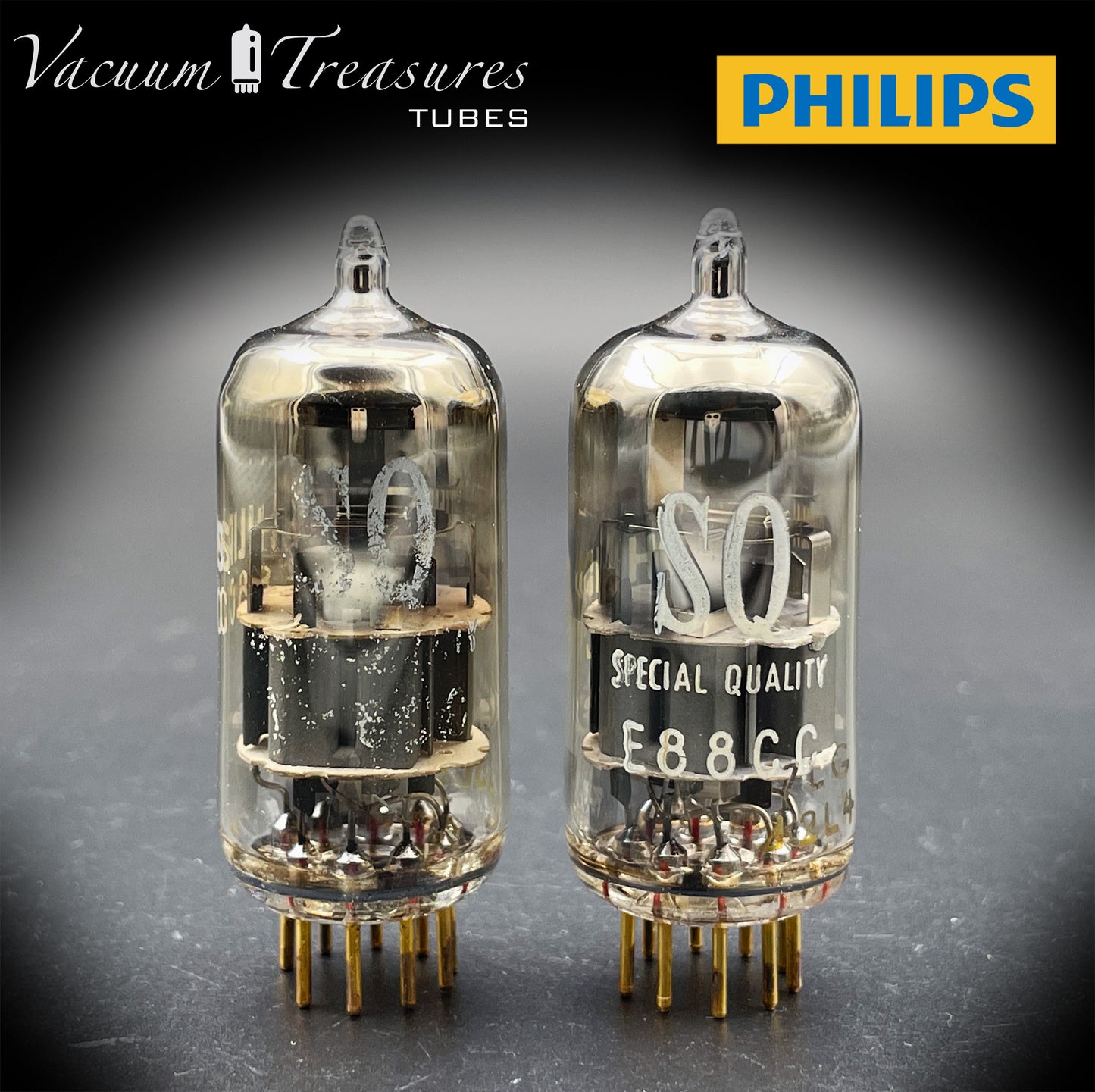 E88CC ( 6922 ) PHILIPS Special Quality Matched Pair Halo Getter Gold Pin Tubes Made in Holland '60s