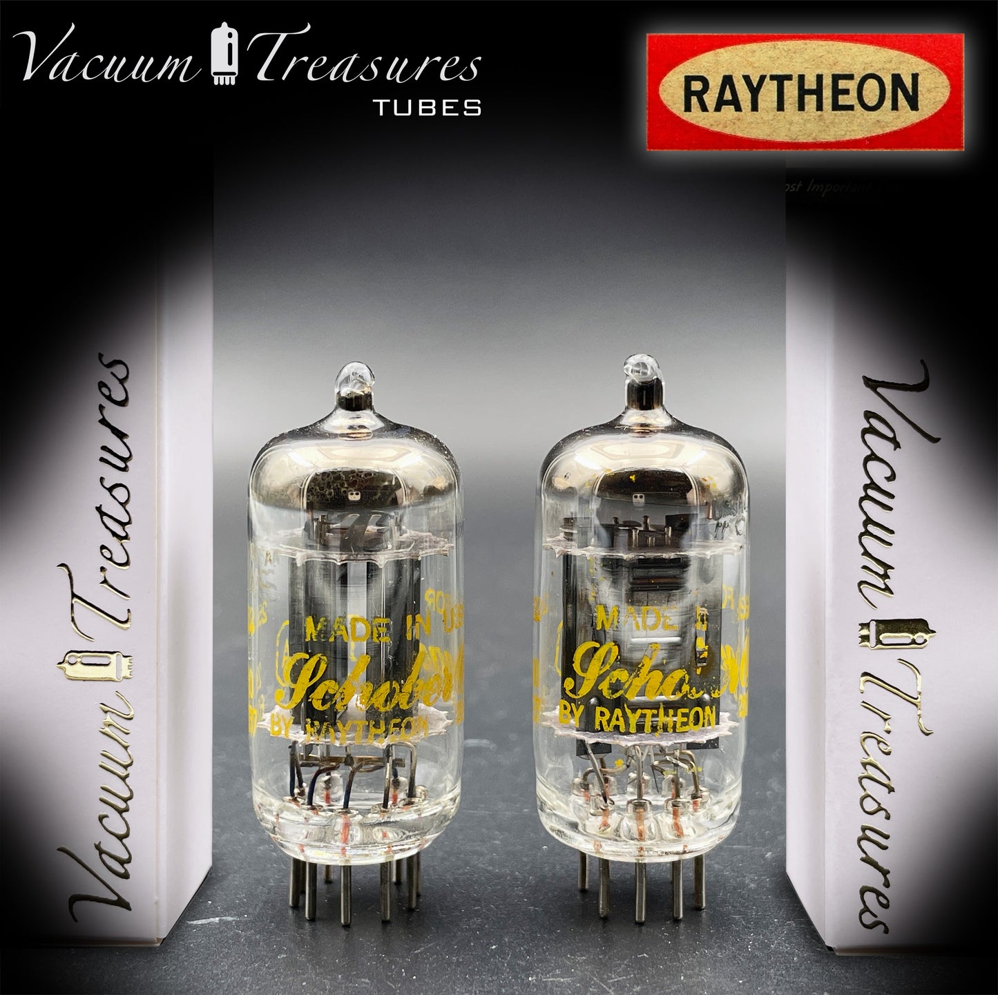 12AX7A ECC83 RAYTHEON – Matched Pair – Long Black Plates Tubes Made in USA '62