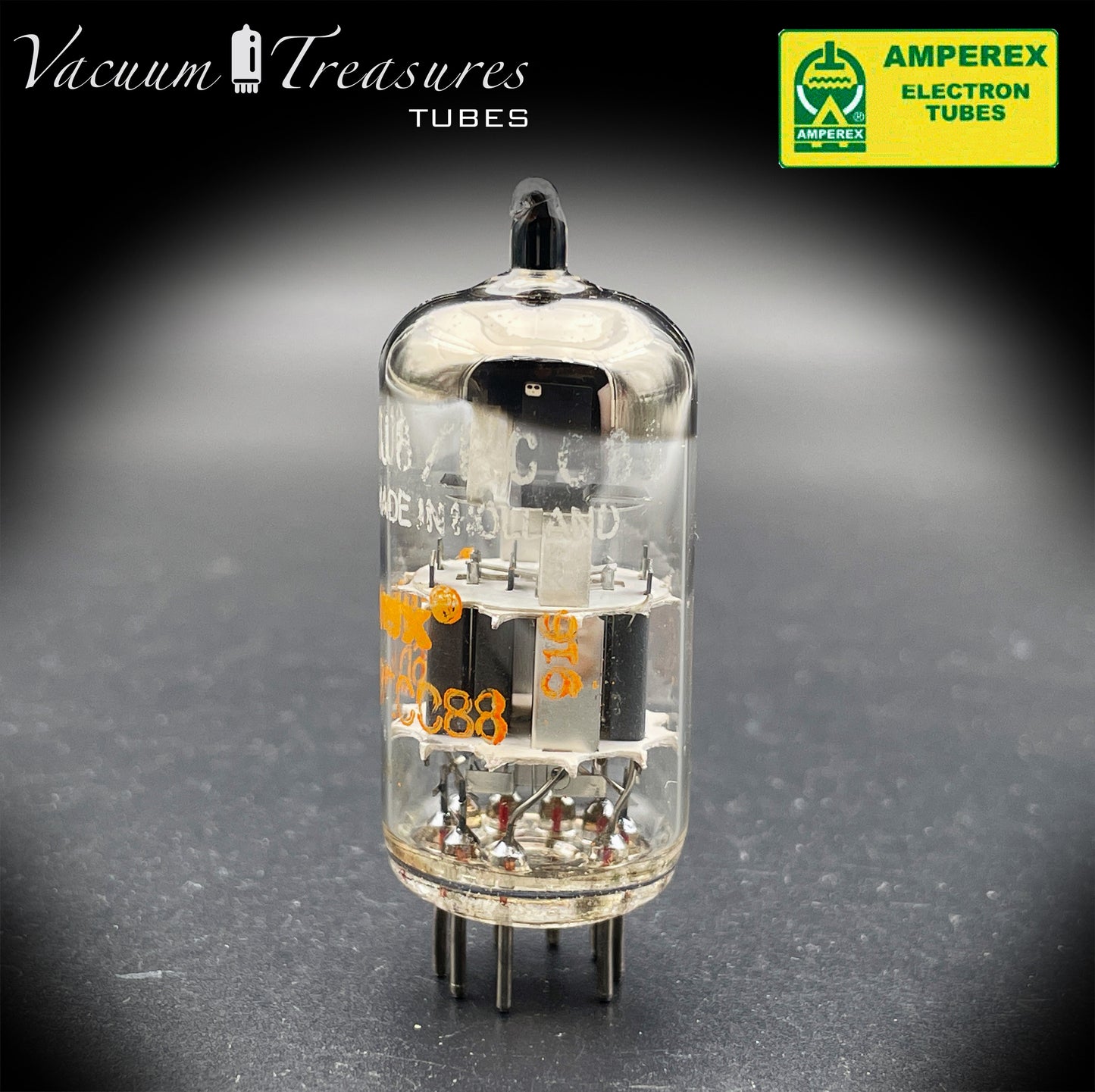 ECC88 6DJ8 NOS AMPEREX Disc Getter AMPLITREX Tested Tube Made in HOLLAND '60s