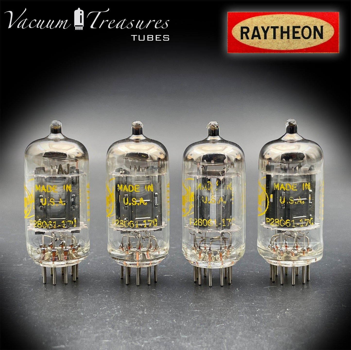 12AU7A / ECC82 NOS Baldwin by RAYTHEON Matched Quad Tubes Long Black Plates Halo Getter Made in USA '61
