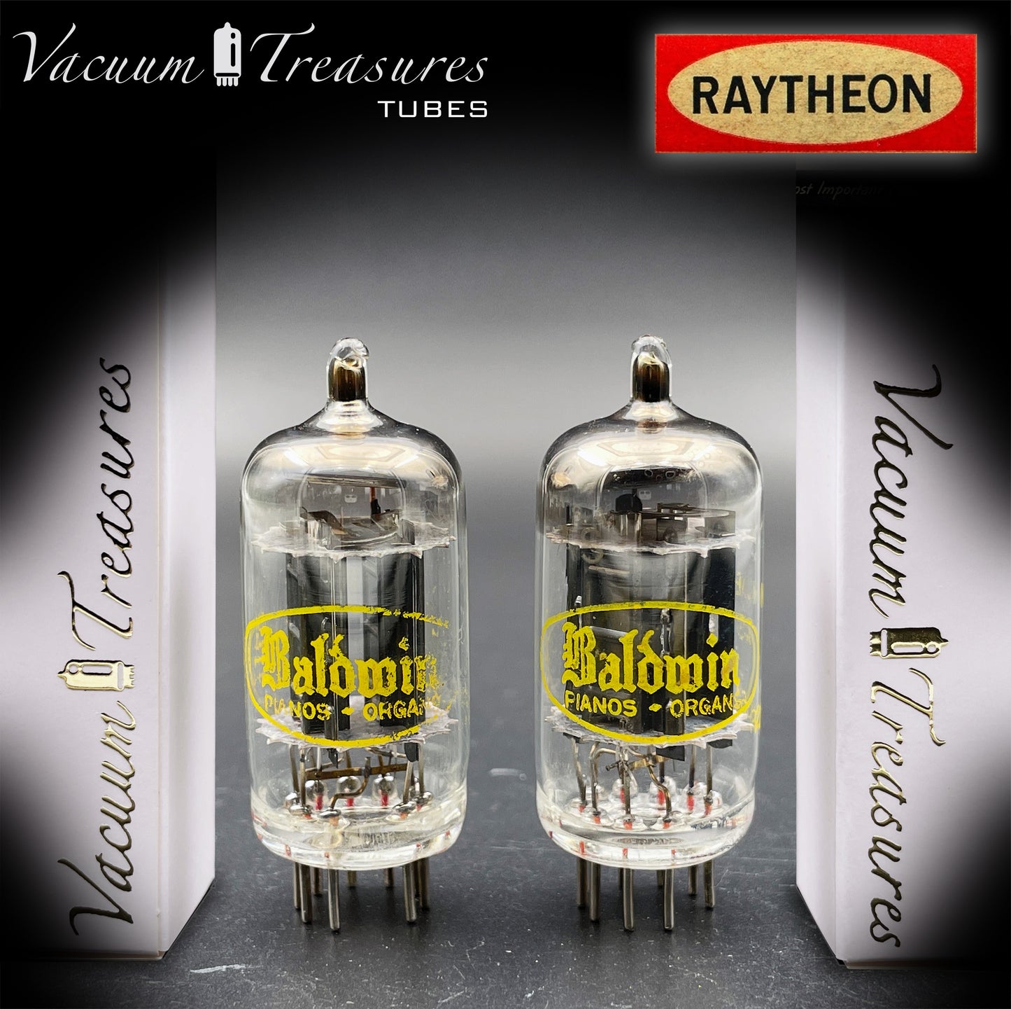 12AX7A ECC83 Baldwin RAYTHEON Matched Pair Tubes – Long Black Plates Halo Getter USA 1960s