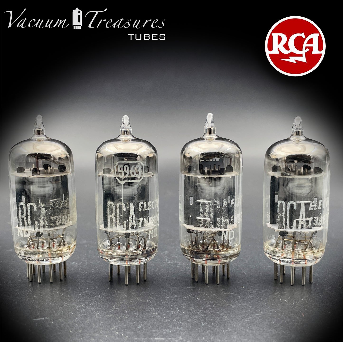 5963 ( 12AU7 ) RCA Matched Quad Long Black Plates Foil Getter AMPLITREX Tested