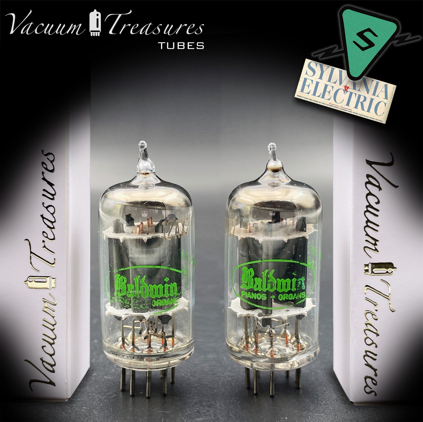 12AX7 ECC83 Baldwin by SYLVANIA – Matched Pair – Long Gray Plates Halo Getter USA 1959