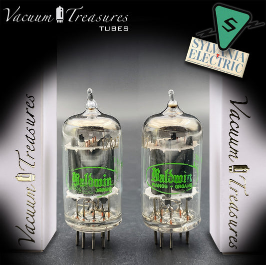 12AX7 ECC83 Baldwin by SYLVANIA – Matched Pair – Long Gray Plates Halo Getter USA 1959
