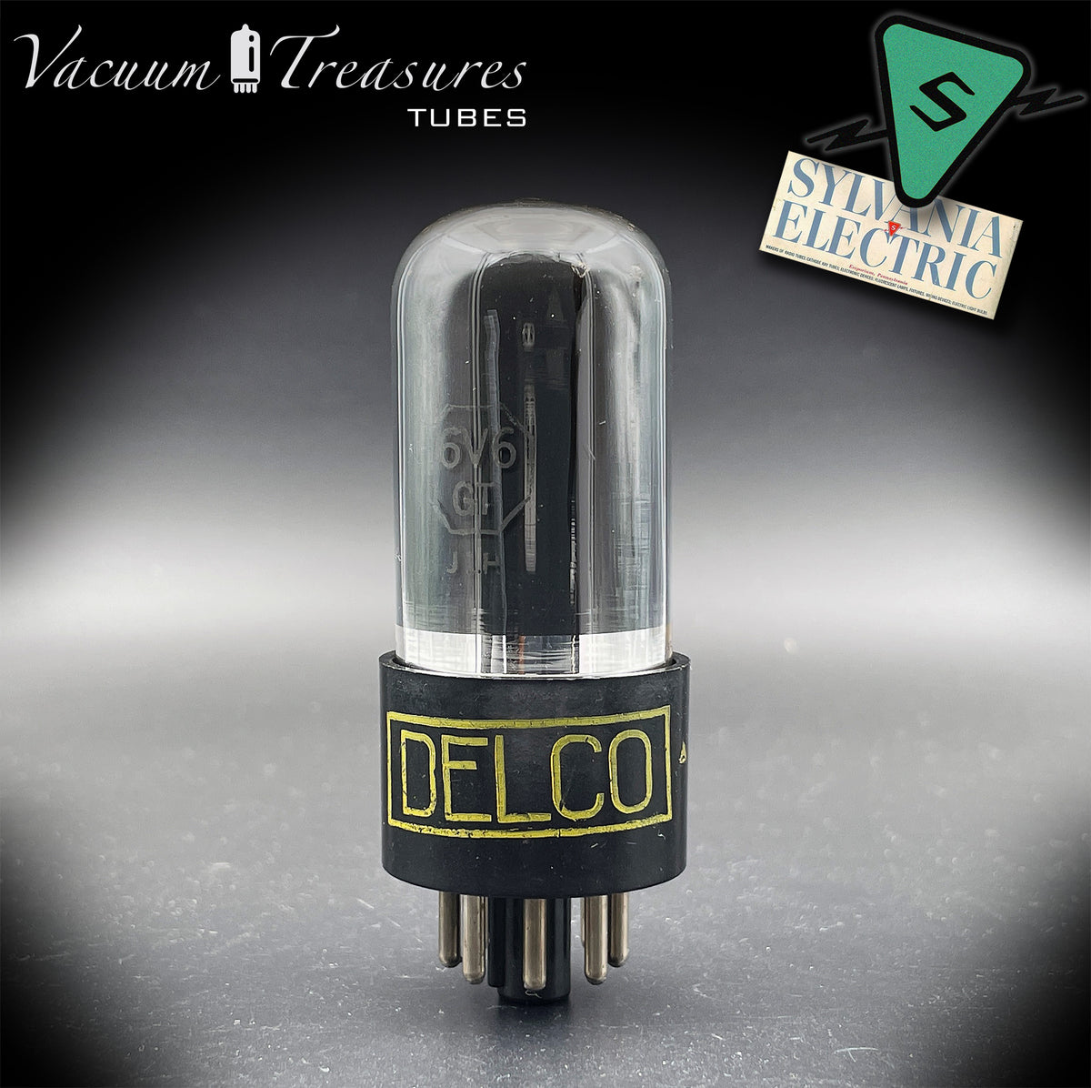 6V6GT DELCO by Sylvania Black Plate Smoked Glass Foil Getter AMPLITREX Tested Tube USA 1952