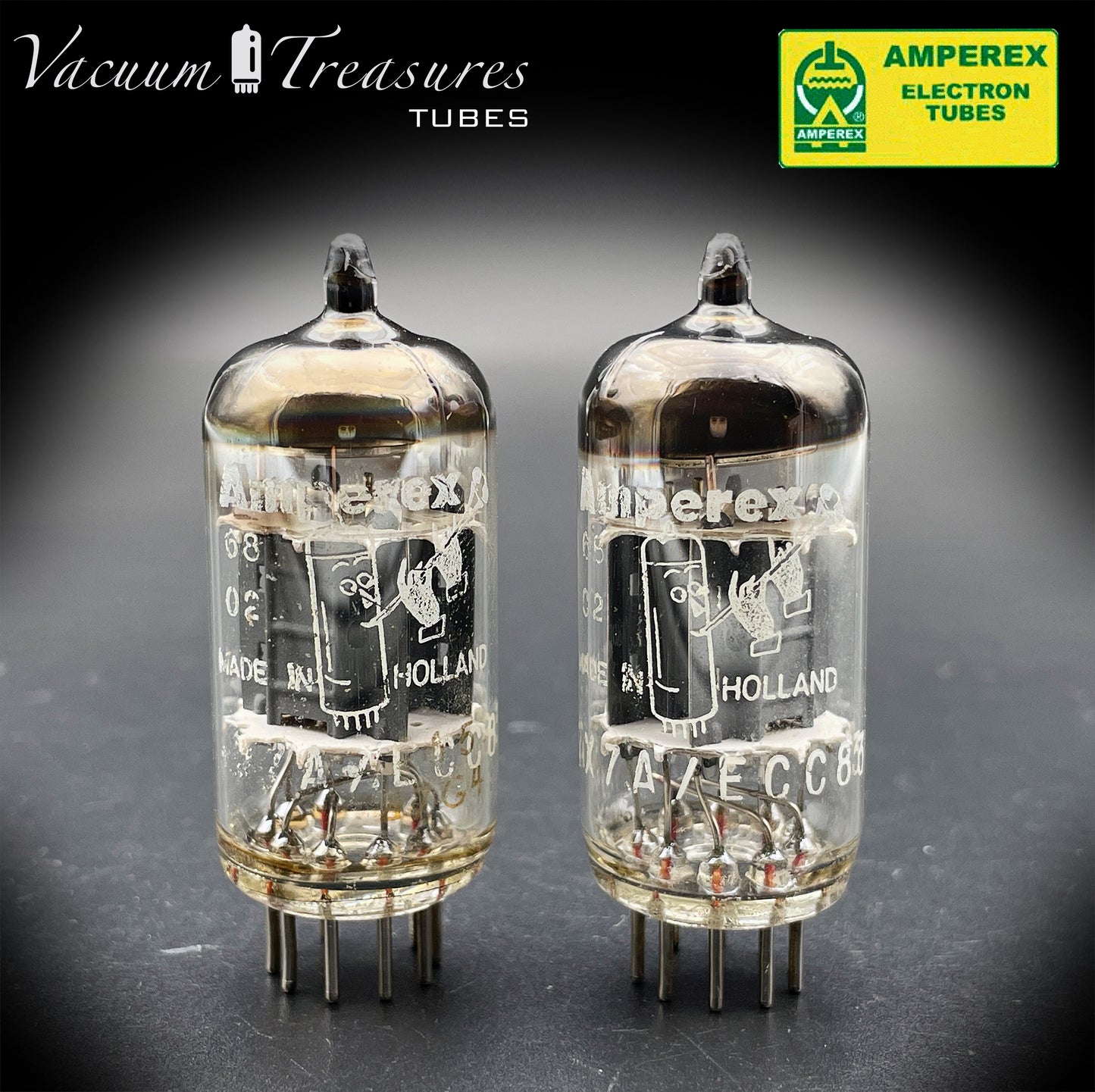 12AX7 / ECC83 NOS AMPEREX Bugle Boy Matched Pair Short plates Same Date Codes Tubes MADE IN HOLLAND '67